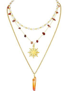 Women's Gold 4 Lobster Vintage Bohemian Unique Statement Sun Pendant Necklace